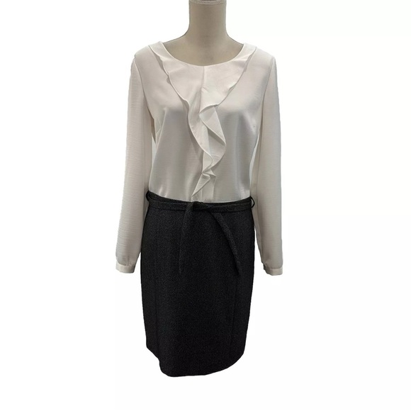 Style Benetton Combo Dress Women’s Medium White Satin Top Gray Skirt Belted - Picture 1 of 10